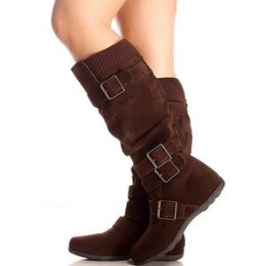 Womens Knee High Faux Suede Flat Winter Buckle Boots